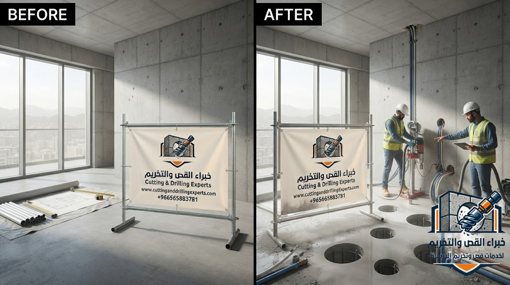 فتح كور للمواسير والكهرباء والسباكة في حي العزيزية مكة باستخدام الكور الماسي مع تنفيذ دقيق وبدون تكسير عشوائي